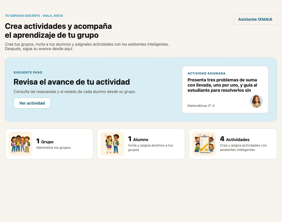 Inicio de docente con el siguiente paso Revisa el avance de tu actividad, la tarjeta de la actividad asignada y las tarjetas de Grupos, Alumnos y Actividades