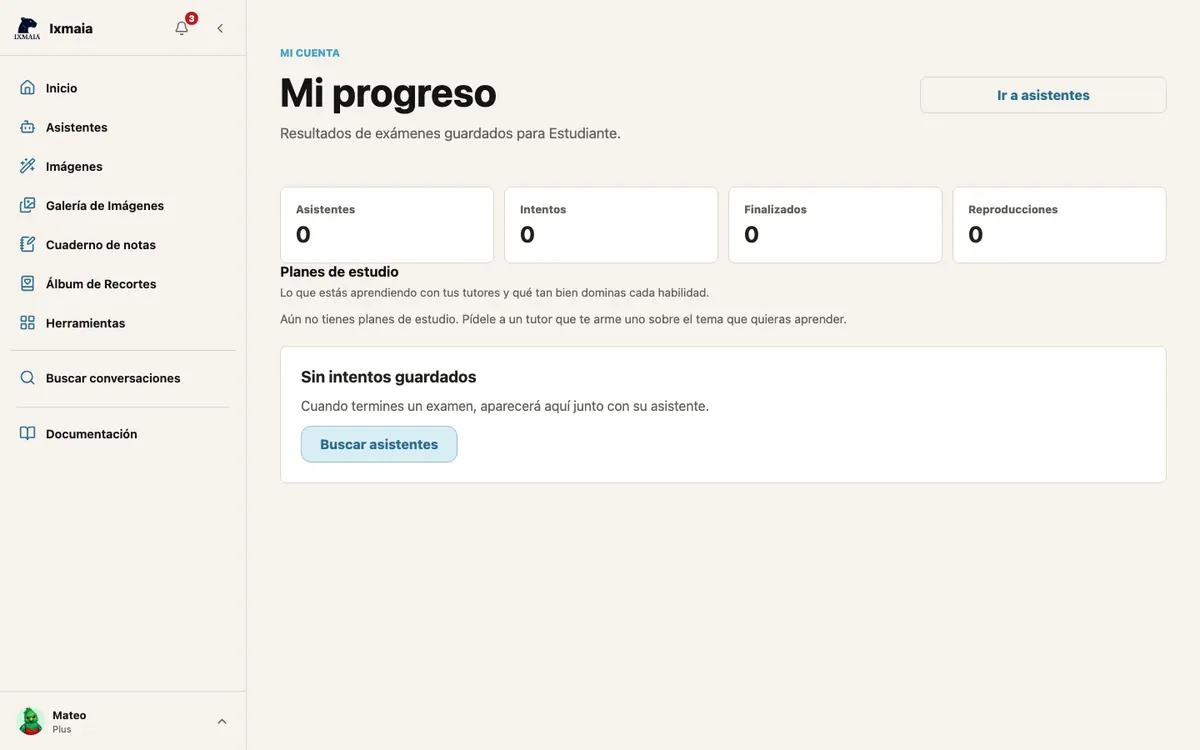 Mi progreso con el resumen de asistentes, intentos, finalizados y reproducciones, y la sección Planes de estudio