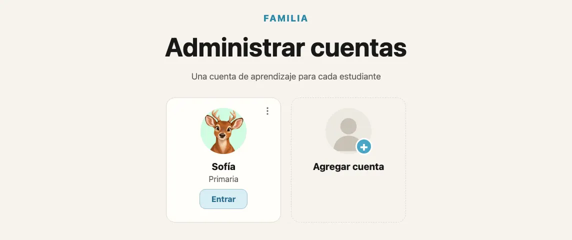 Pantalla Administrar cuentas con la tarjeta de una estudiante de primaria con el botón Entrar y la tarjeta Agregar cuenta
