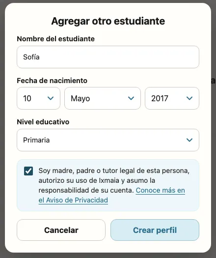 Ventana Agregar otro estudiante con nombre, fecha de nacimiento, nivel educativo y la casilla de responsabilidad