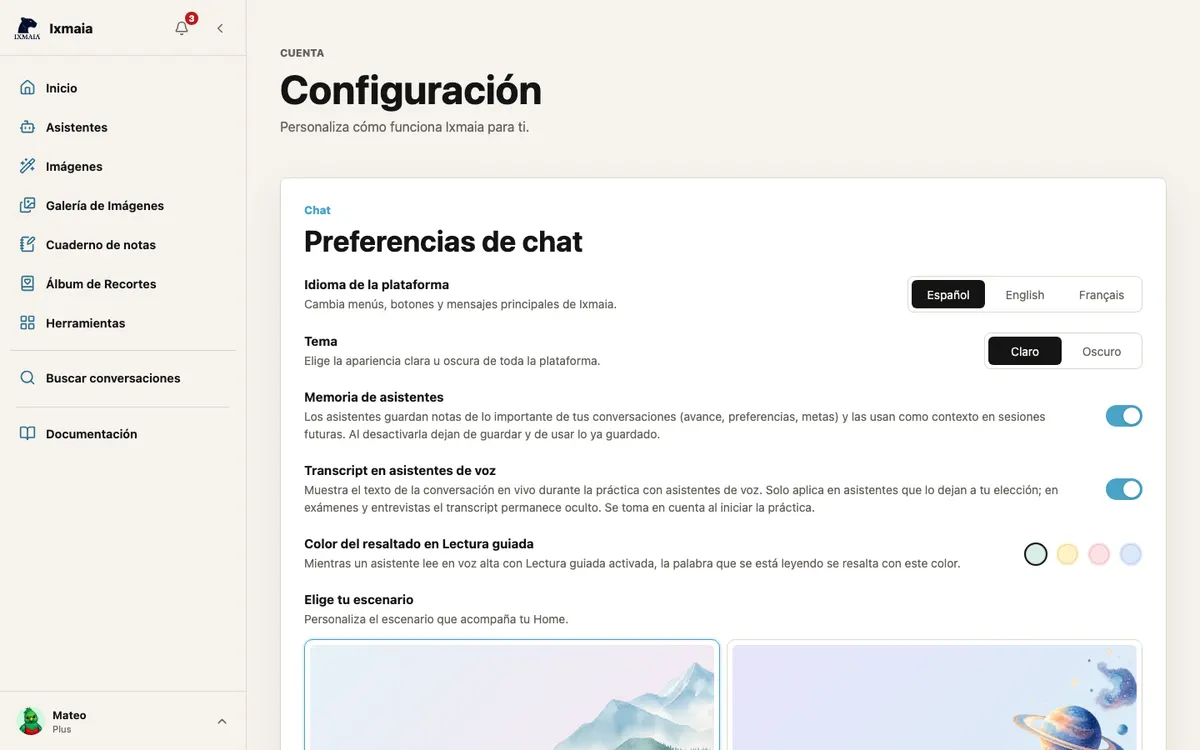 Configuración con idioma, tema, envío automático de respuestas rápidas, memoria, transcript en asistentes de voz, color de lectura guiada y escenario