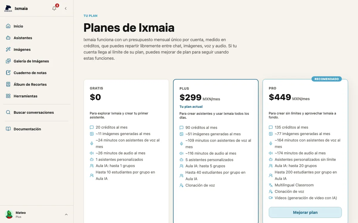 Planes de Ixmaia con las tarjetas Gratis, Plus y Pro y el plan actual marcado