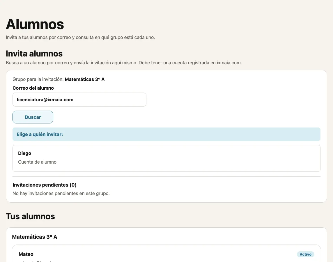 Alumnos con el correo escrito y el resultado de la búsqueda, una cuenta de alumno lista para invitar