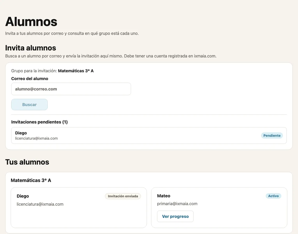 Alumnos con la invitación enviada: el cuadro del grupo muestra al alumno con el estado Invitación enviada y su correo
