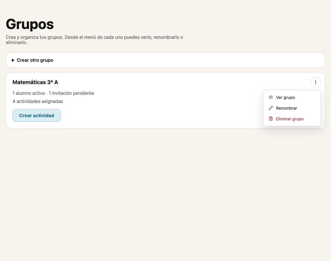 Grupos con el grupo Matemáticas 3° A y su menú con Ver grupo, Renombrar y Eliminar grupo