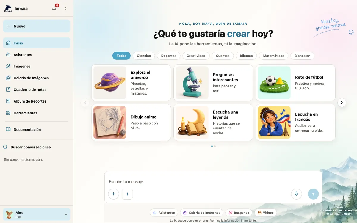 Chat con Maya con filtros por tema, tarjetas de ideas, la caja de mensaje y accesos directos a Asistentes, Galería de Imágenes, Imágenes y Videos