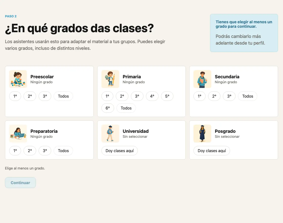 Paso 2 ¿En qué grados das clases? con tarjetas de Preescolar, Primaria, Secundaria, Preparatoria, Universidad y Posgrado