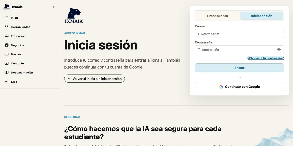 Pantalla Inicia sesión con los campos Correo y Contraseña, el enlace ¿Olvidaste tu contraseña? y los botones Entrar y Continuar con Google