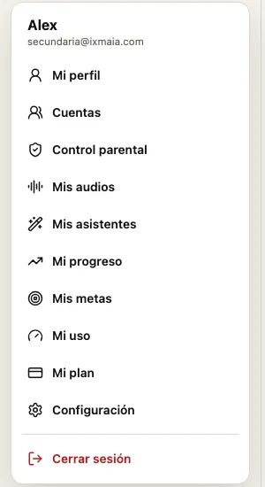Menú de la cuenta con Mi perfil, Cuentas, Control parental, Mis audios, Mis asistentes, Mi progreso, Mis metas, Mi uso, Mi plan, Configuración y Cerrar sesión