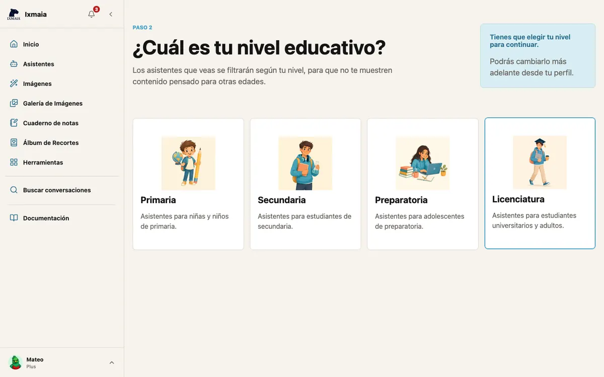 Paso 2 ¿Cuál es tu nivel educativo? con tarjetas de Preescolar, Primaria, Secundaria, Preparatoria y Licenciatura