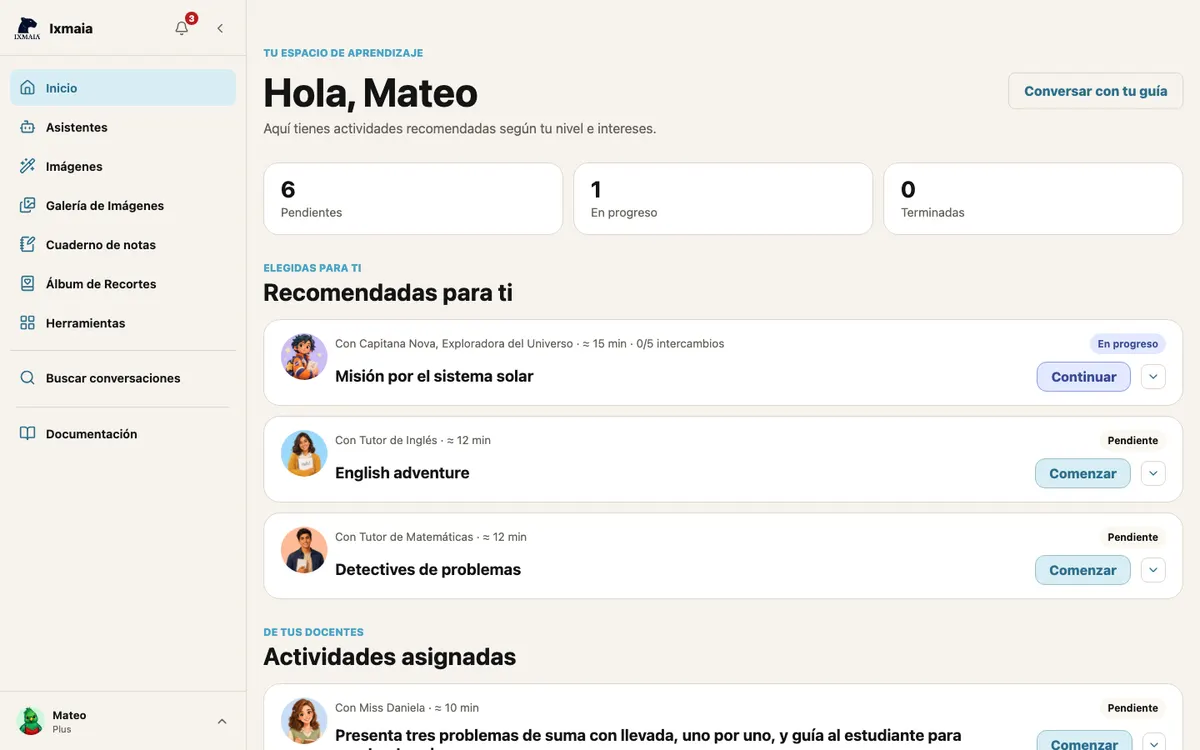 Inicio con el resumen de pendientes, en progreso y terminadas, y las actividades recomendadas con sus botones Comenzar y Continuar