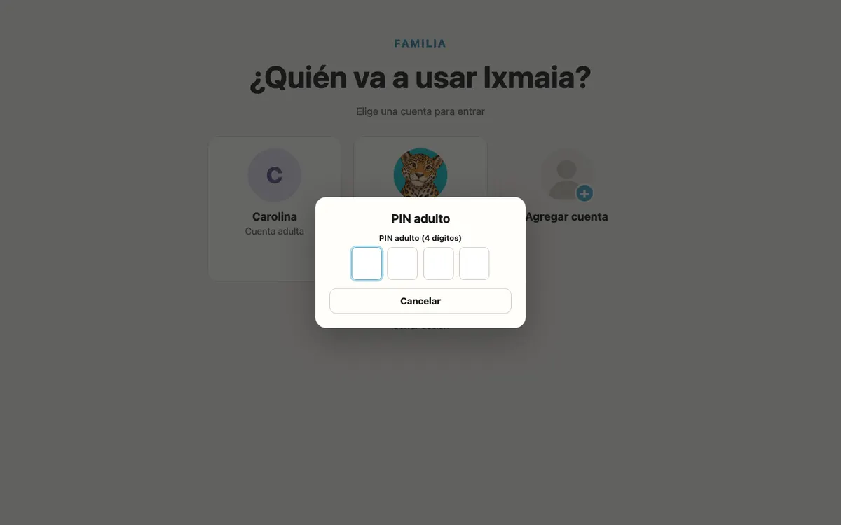 Selector de una cuenta Familia con la ventana para escribir el PIN adulto