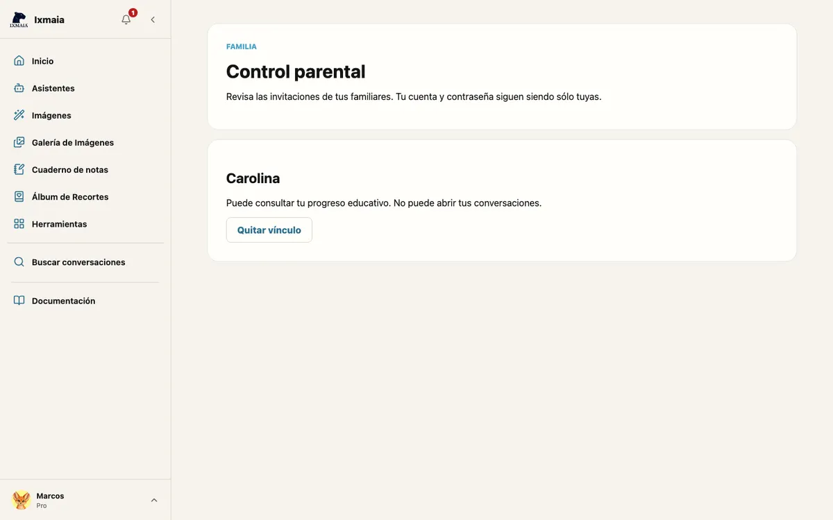 Control parental visto por un estudiante, con el familiar vinculado y la opción Quitar vínculo